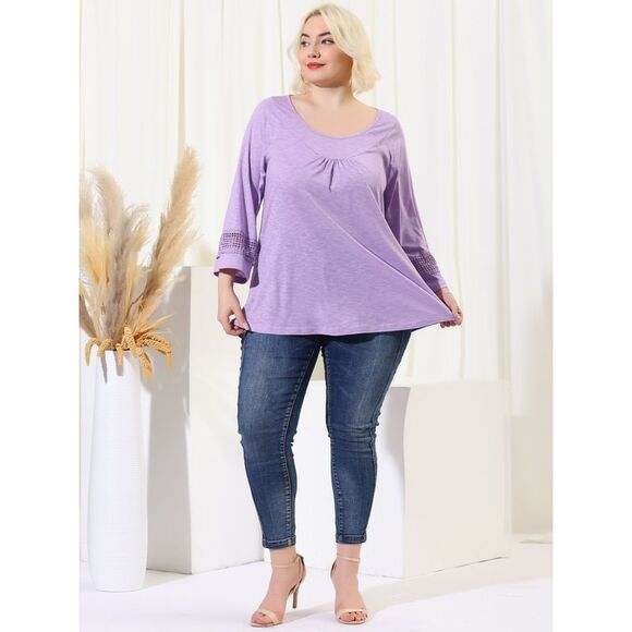 Women's Plus Size Crochet Panel Kimono Raglan Sleeves Tops Light Purple - Picture 3 of 6